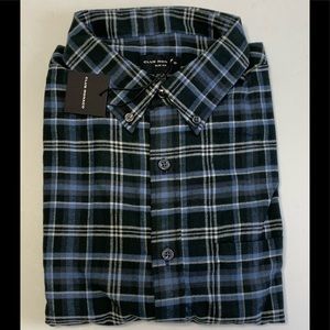 Authentic Club Monaco Plaid Check Cotton Flannel Shirt Blue Black Navy Mens L